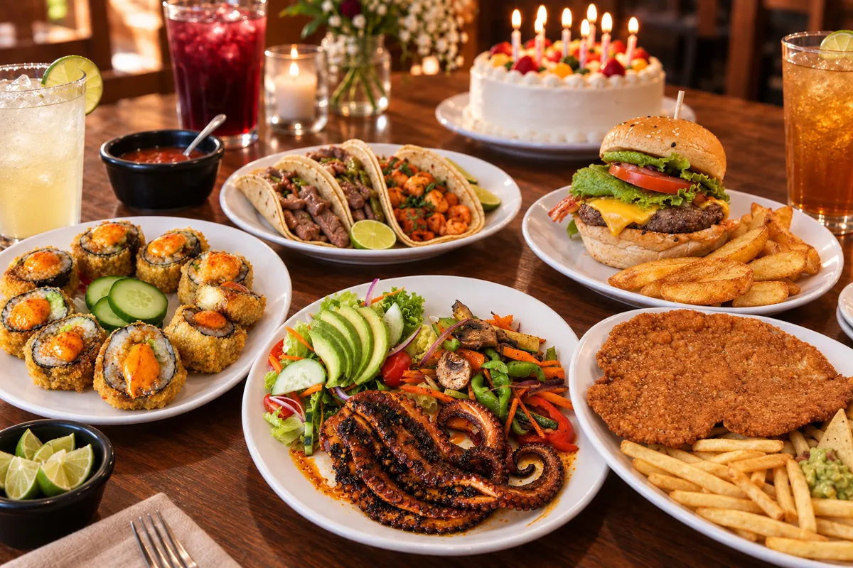 Mesa de celebración con sushi, tacos, pulpo, hamburguesa, milanesa de ternera y pastel